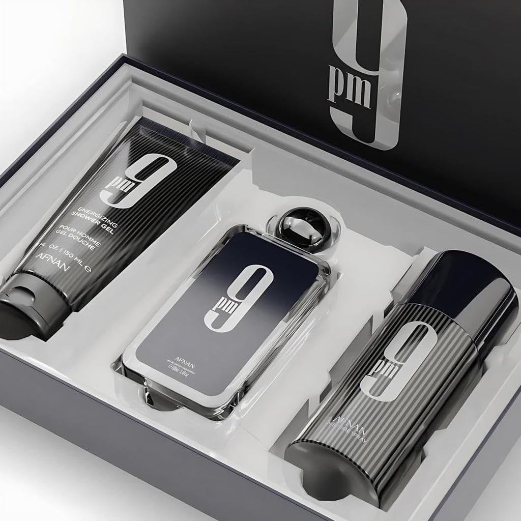 Afnan 9 Pm 3 Piece Set for Men, (3.4 Oz De Parfum Eau De Parfum Spray + 5.0 Oz Shower Gel + 5.0 Oz Perfume Deodorant)
