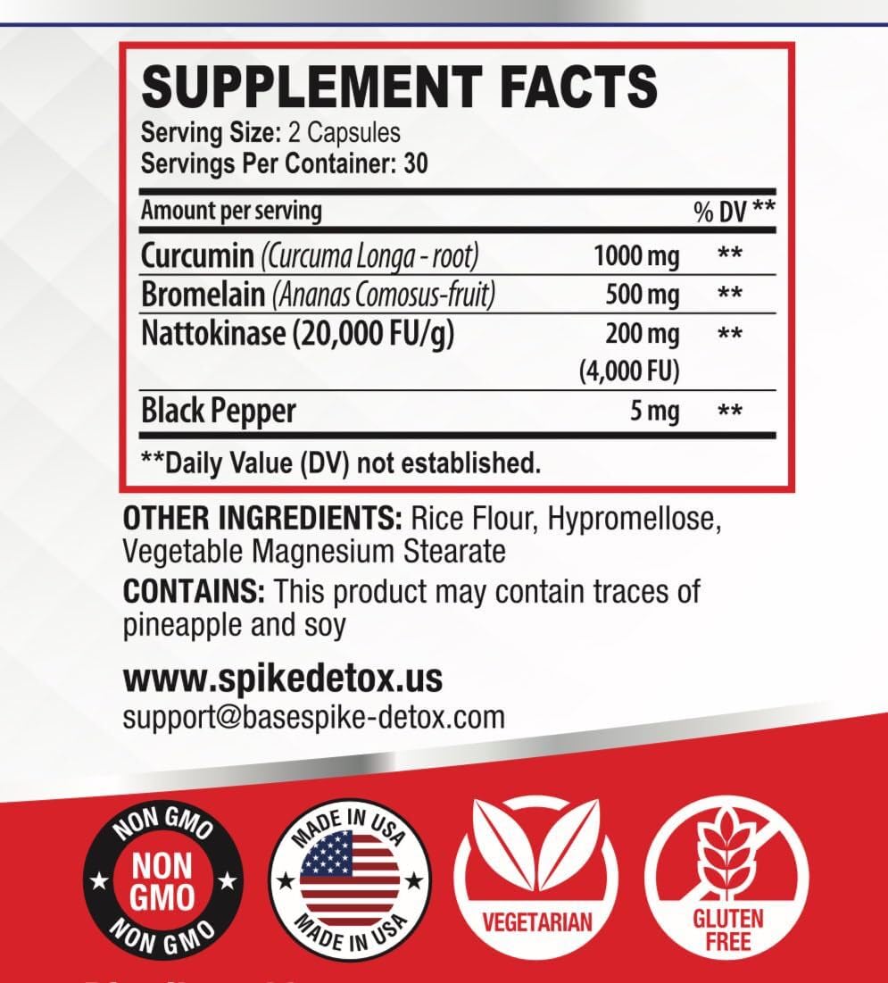 Spike Protein Detox Supplement - 3-in-1 Ultimate Nattokinase 4000 FU, Bromelain 500mg, Curcumin 1000mg - Unflavored Spike Detox Cleanse - Wellness Formula for Immune & Spike Support - 60 Capsules