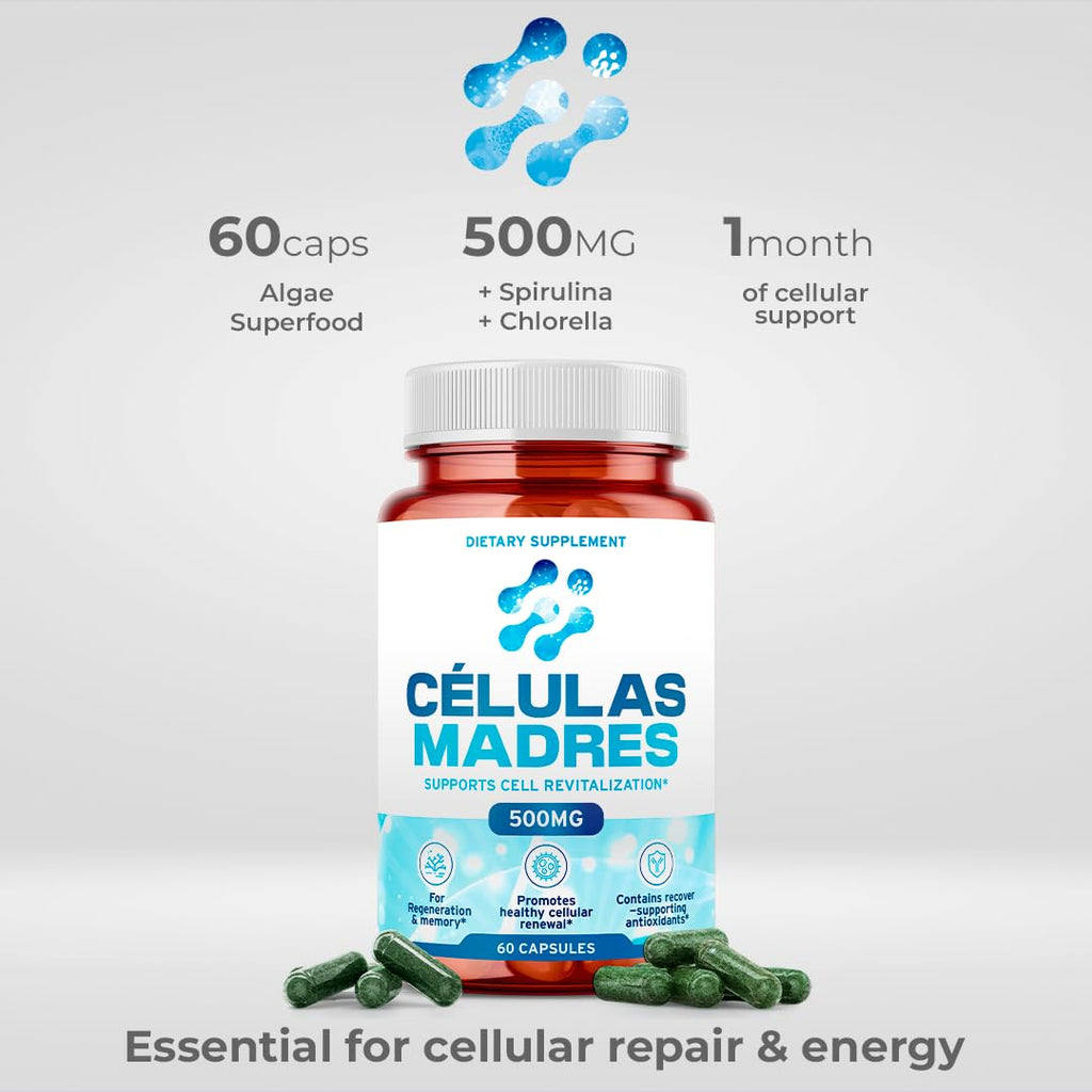 Stem Cell Supplements 500mg (180 Cap) Natural Anti-Aging & Longevity Support with Spirulina & Chlorella, Boost Cellular Renewal, Restore Youthful Energy, Reduce Joint Soreness – Celulas Madre