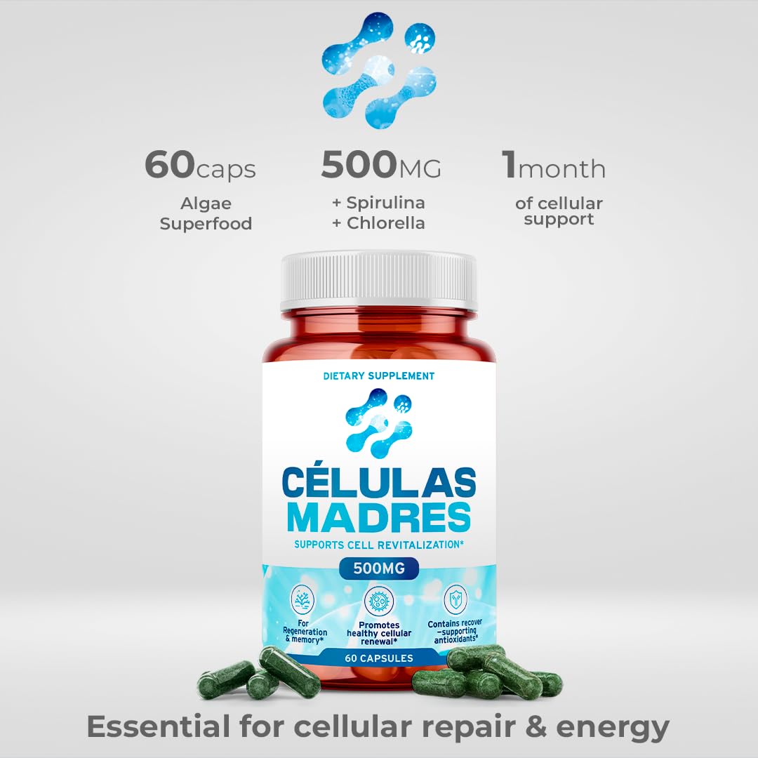 Stem Cell Supplements 500mg (180 Cap) Natural Anti-Aging & Longevity Support with Spirulina & Chlorella, Boost Cellular Renewal, Restore Youthful Energy, Reduce Joint Soreness – Celulas Madre