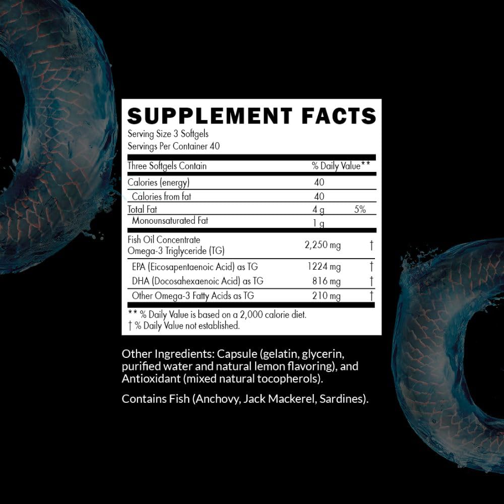Intelligent Labs Triglyceride Omega 3, 2250mg per 3-Capsule Serving, Burpless Fish Oil Capsules, GOED Certified, 3rd Party Heavy Metal, PCB, and Oxidation Tested - 120 Softgels Per Bottle