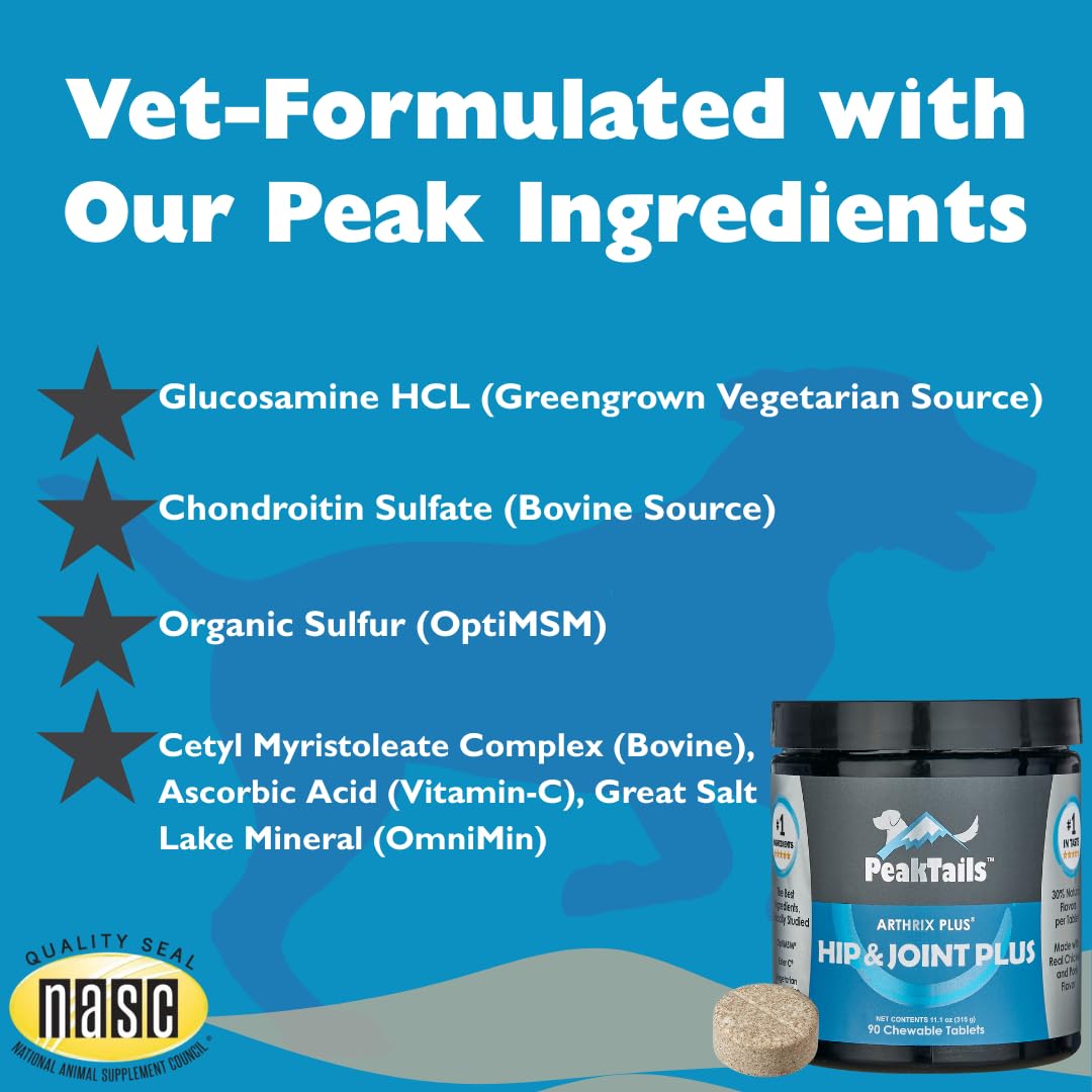 KALA HEALTH PeakTails Hip & Joint Plus for Dogs – 90 Tablets, Glucosamine, Chondroitin, OptiMSM & Ester-C – Supports Joint Mobility & Comfort