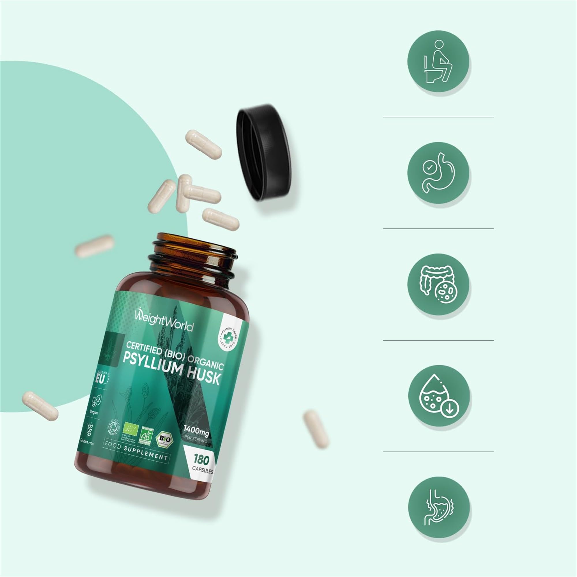 WeightWorld Organic Psyllium Husk Capsules - 3 Months Supply - High Strength Prebiotic Fibre Supplement - 180 Psyllium Husk Powder Capsules