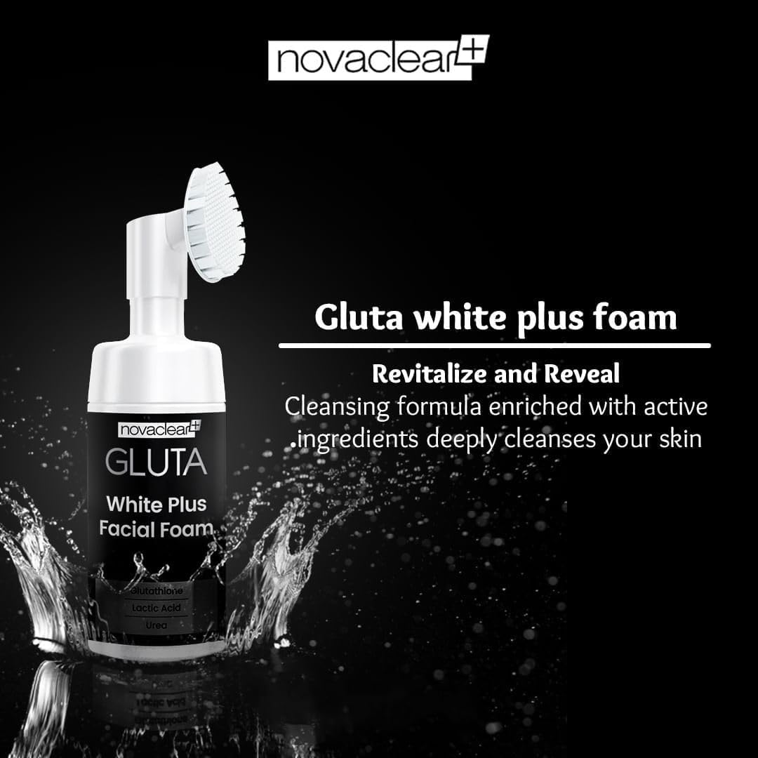 Novaclear Gluta White Plus Facial Foam with Silicone Brush - Deeply Cleanses, Exfoliates, Reduces Dark Spots and Evens Skin Tone for a Healthy Glow 100 ml