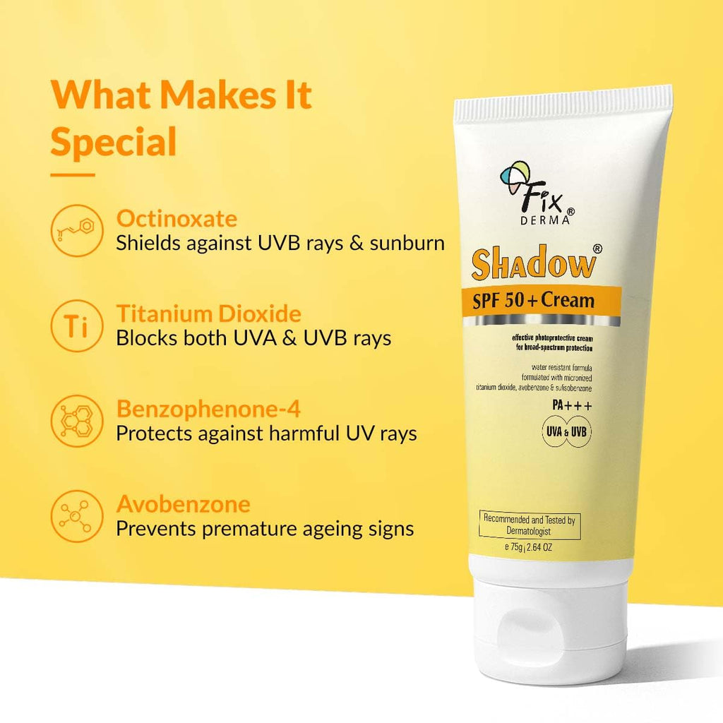 Fixderma Shadow SPF 50+ Cream Sunscreen for Face - Dermatologist Tested Moisturiser for Men, Water Resistant, 2.64 OZ