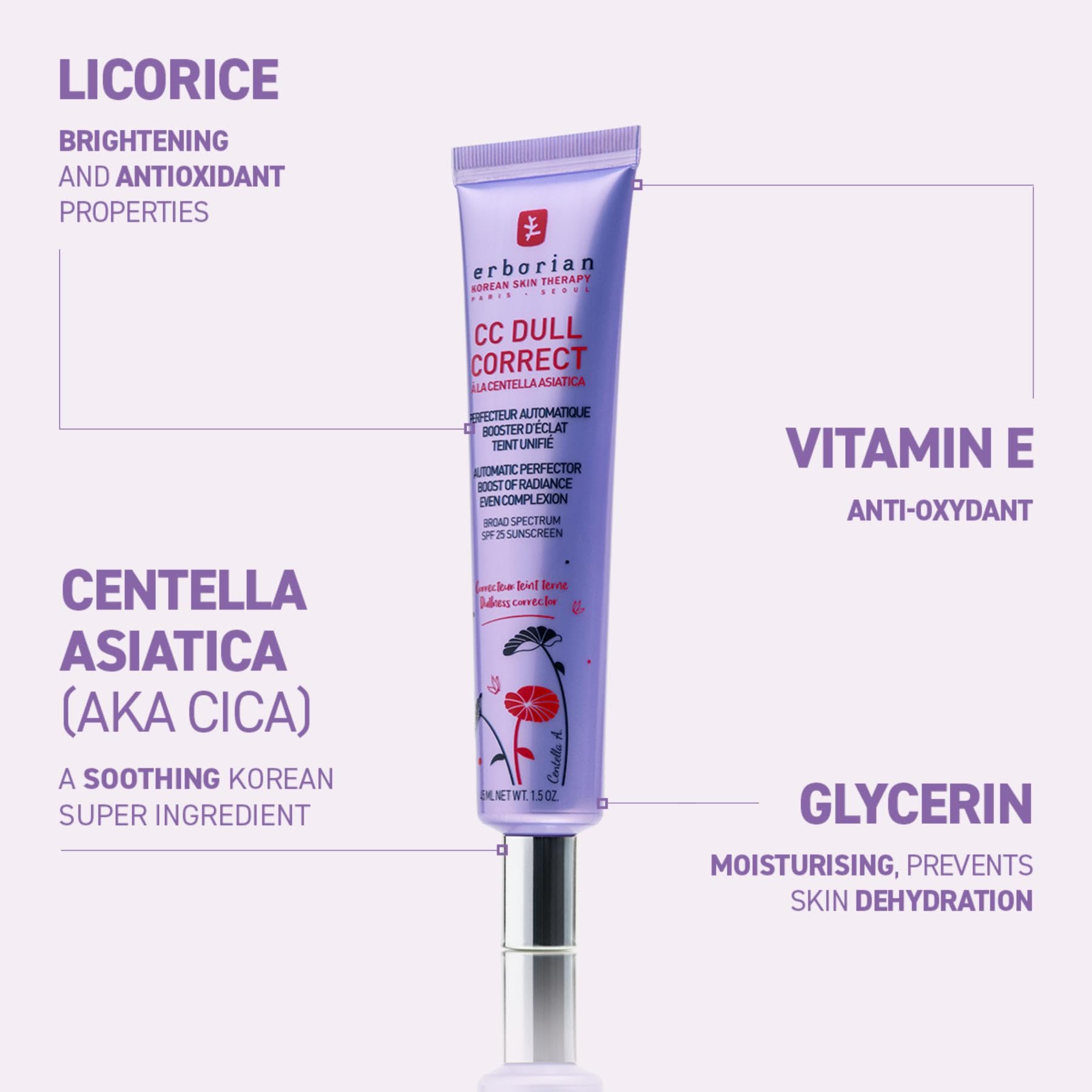 Erborian - CC Dull Correct - Automatic Complexion Perfecting Care - based on Centella Asiatica - Illuminating Radiance Booster, Unified Skin - Face Cream - Korean Product - 15ml
