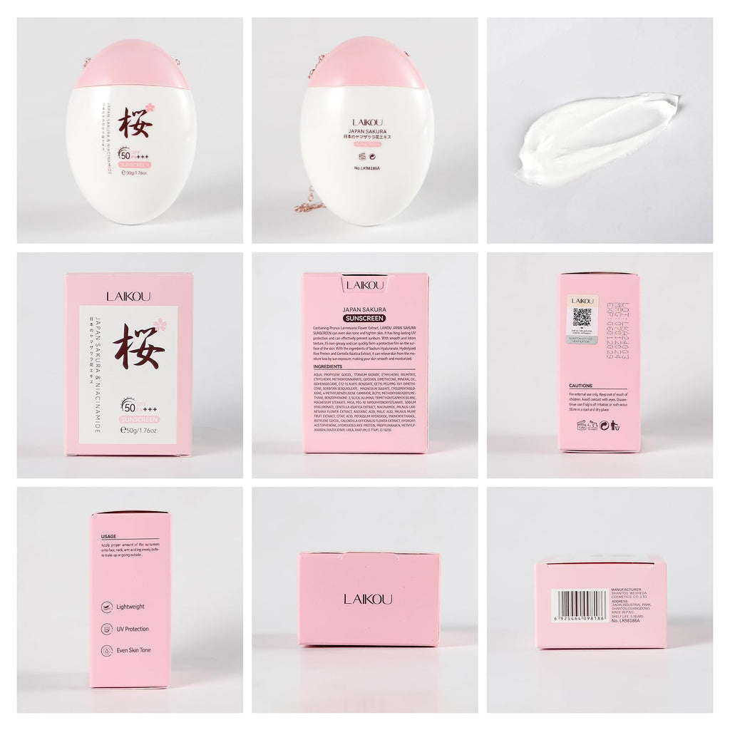 LAIKOU Sakura Moisturizing Sunscreen SPF 50+ PA+++, 50g (Pack of 2)