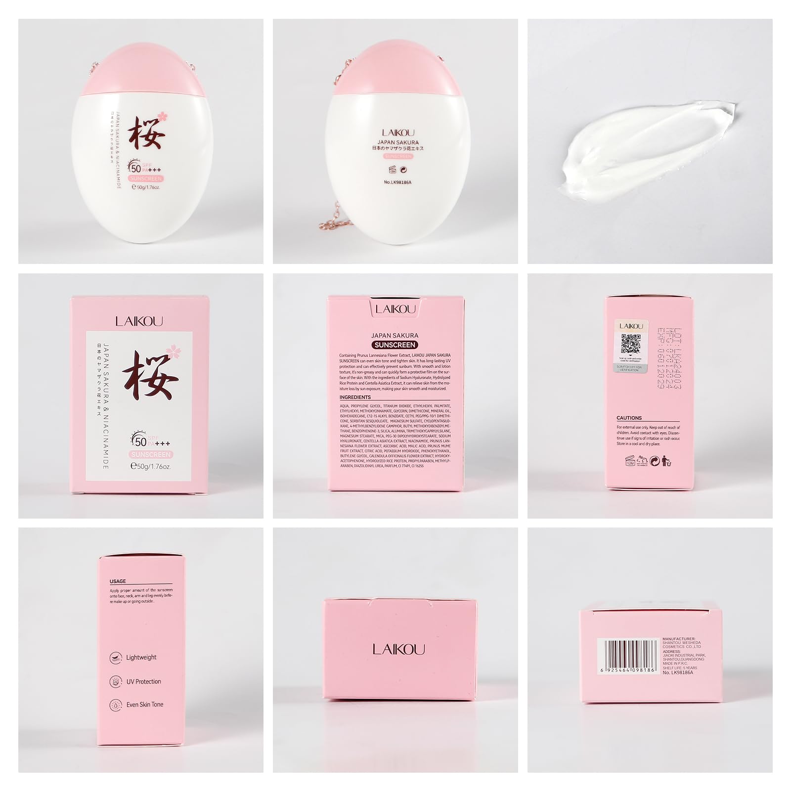 LAIKOU Sakura Moisturizing Sunscreen SPF 50+ PA+++, 50g (Pack of 2)