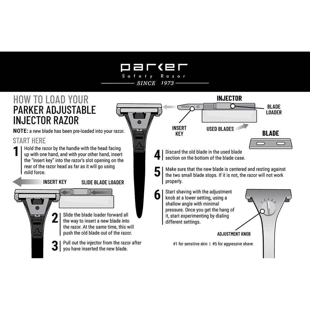 Parker Adjustable Injector Razor – Single‑Edge Safety Razor with Dial‑Control (Settings 1–5) + 20 Injector Blades (Stainless/Resin Handle)
