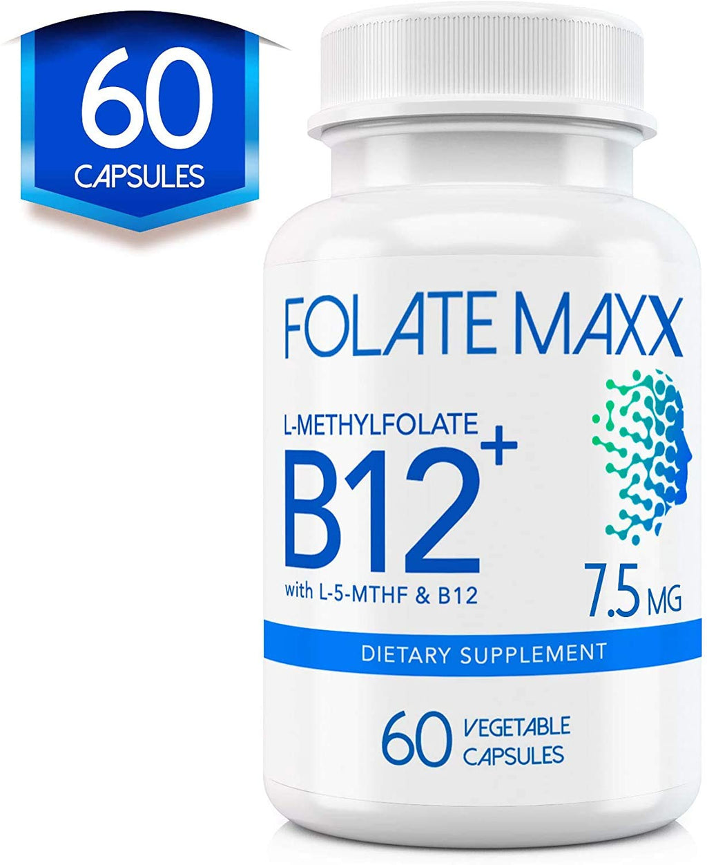 FOLATE MAXX L Methylfolate 7.5mg Plus B12 Methyl - 60 Capsules - 5-MTHF with B12 Methylcobalamin Supplement for Mood, Methylation and Cognition - Bioactive Forms of Vitamin B9 & B12-2 Month Supply