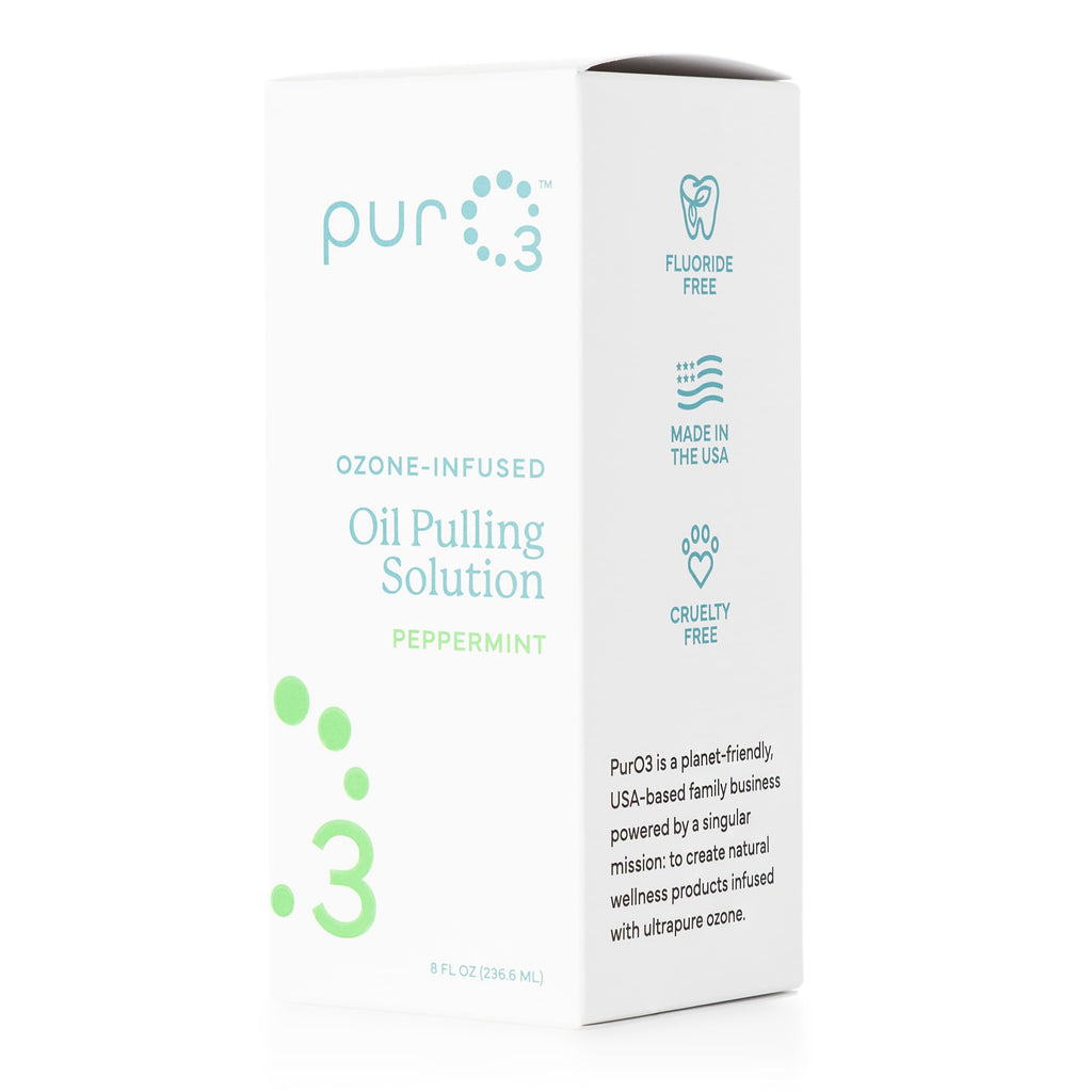 PurO3 Ozonated Oil Pulling Solution - Organic, Ozone Infused Coconut, Sesame, Sunflower, & Peppermint Essential Oils for Teeth & Gums - Fluoride-Free, Non-Toxic & Non-GMO Oral Care, 8 oz