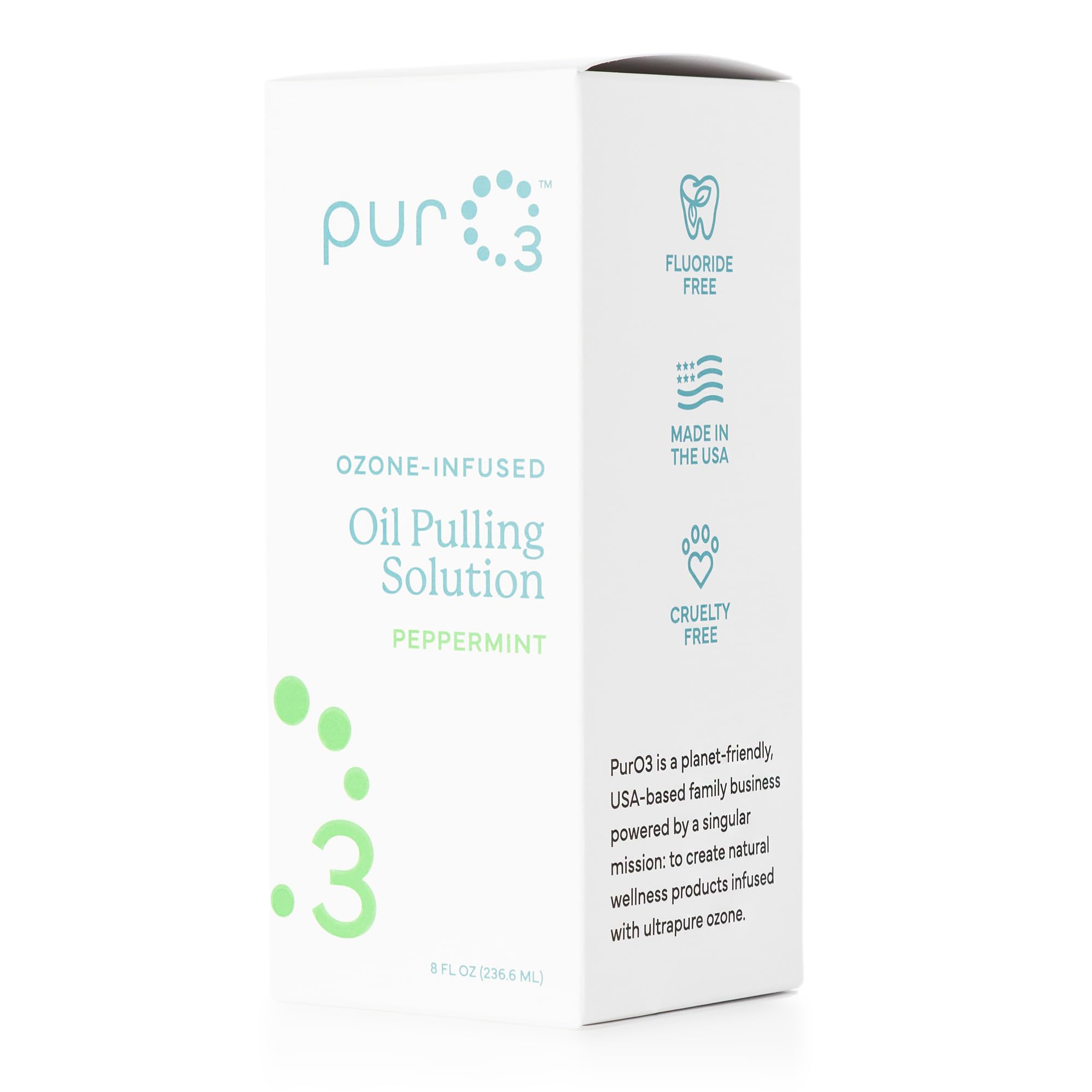 PurO3 Ozonated Oil Pulling Solution - Organic, Ozone Infused Coconut, Sesame, Sunflower, & Peppermint Essential Oils for Teeth & Gums - Fluoride-Free, Non-Toxic & Non-GMO Oral Care, 8 oz