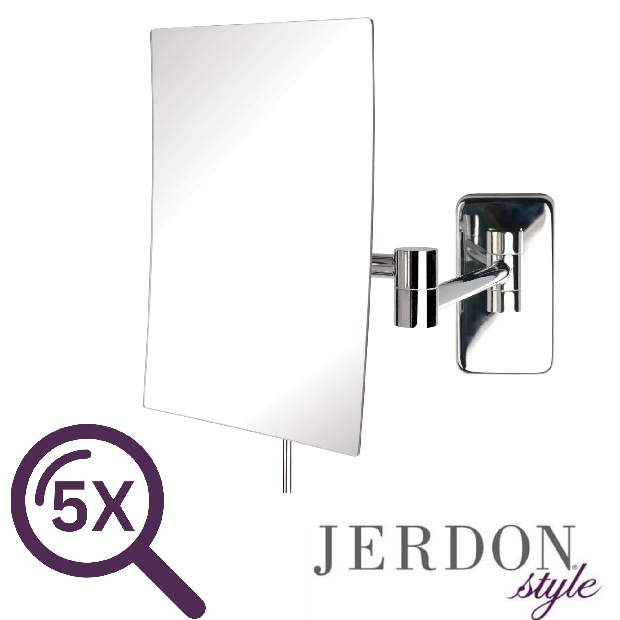 JERDON Wall Mount Makeup Mirror with 5X Magnification - 8.75” x 6.5” Rectangular Mirror Extends 14” – Chrome Finish – Model JRT695C