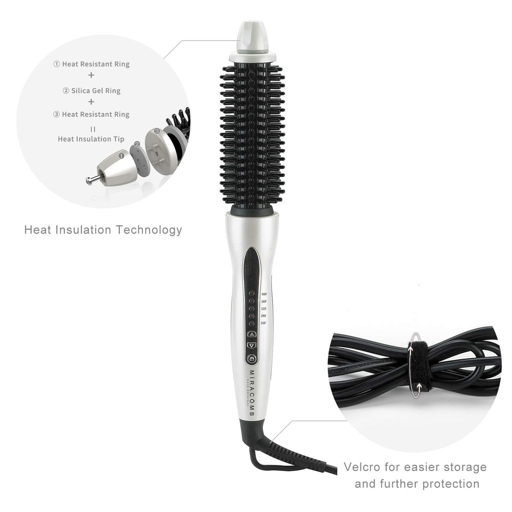 MIRACOMB Hair Curler Straightening Brush - Ceramic Tourmaline Flat Curling Iron - Cool Touch Round Brush PRO Multi Styler with 5 Heat Adjustments, 1 Inch Barrel, White (Enhanced)