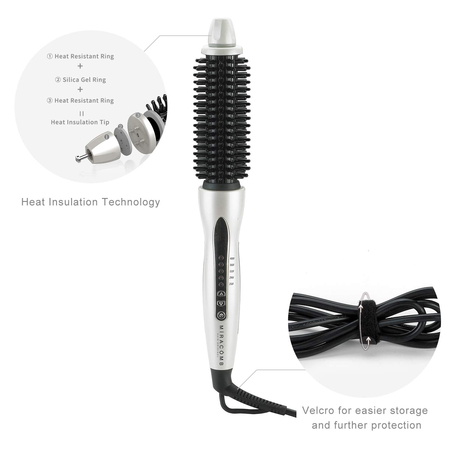 MIRACOMB Hair Curler Straightening Brush - Ceramic Tourmaline Flat Curling Iron - Cool Touch Round Brush PRO Multi Styler with 5 Heat Adjustments, 1 Inch Barrel, White (Enhanced)