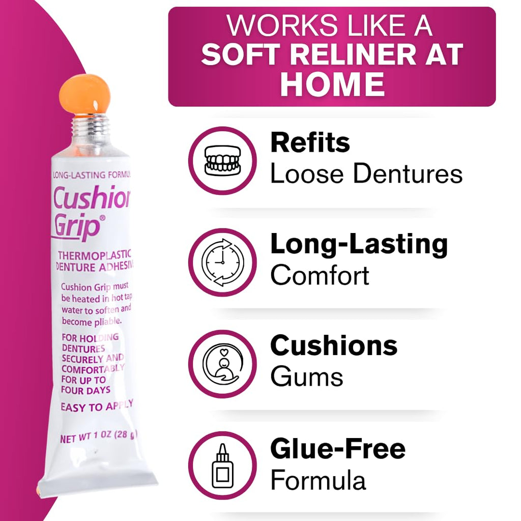 Cushion Grip Thermoplastic Denture Adhesive – Refits & Tightens Loose Dentures, Works Like a Denture Reliner for Long-Lasting Comfort, Holds Up to 4 Days, Waterproof & Zinc-Free - 1 oz (Pack of 5)