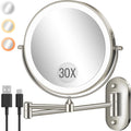 Wall Mounted Makeup Mirror with Light, 30X/1X 8'' Double Sided LED Magnifying Bathroom Lighted Vanity Mirror with Magnification, 3 Color Light up Touch Dimmable Extended Arm 360 Rotation