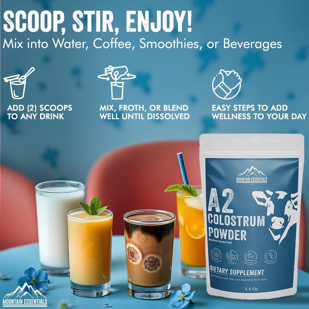 MOUNTAIN ESSENTIALS A2 Colostrum Powder 3.5 Oz Bovine Grass Fed Above 40% IGG Gluten Free, Non GMO 1 Year Shelf Life 50 Servings Pack of 2
