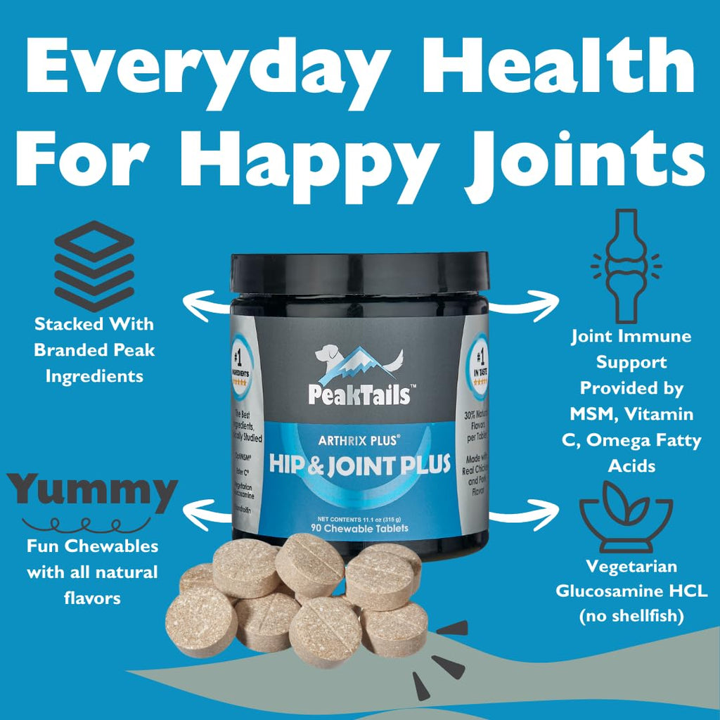 KALA HEALTH PeakTails Hip & Joint Plus for Dogs – 90 Tablets, Glucosamine, Chondroitin, OptiMSM & Ester-C – Supports Joint Mobility & Comfort