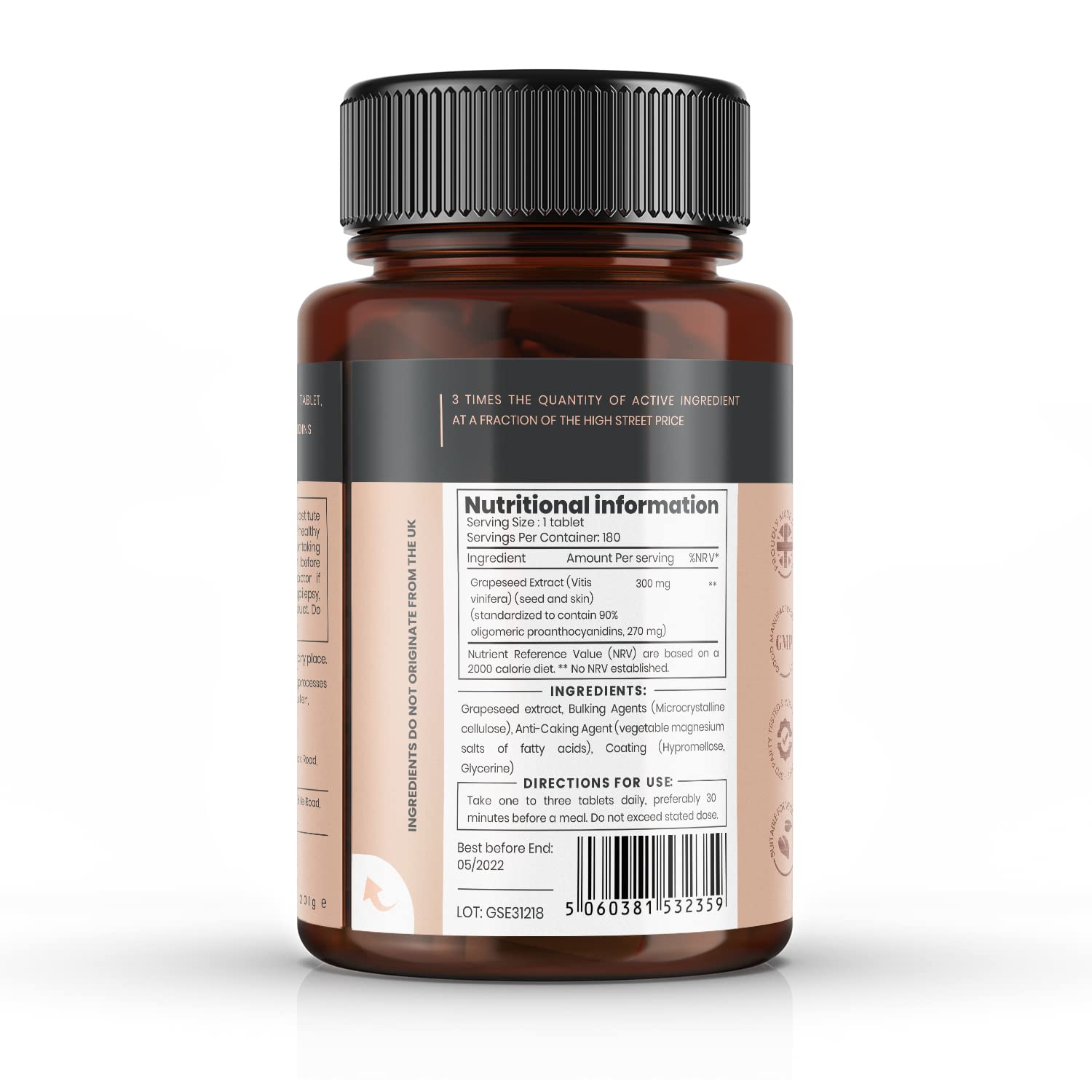 pureclinica Grape Seed Extract 300mg x 180 Tablets - 90% Oligomeric Proanthocyanidins. 300% Stronger Than Regular Grape Seed.