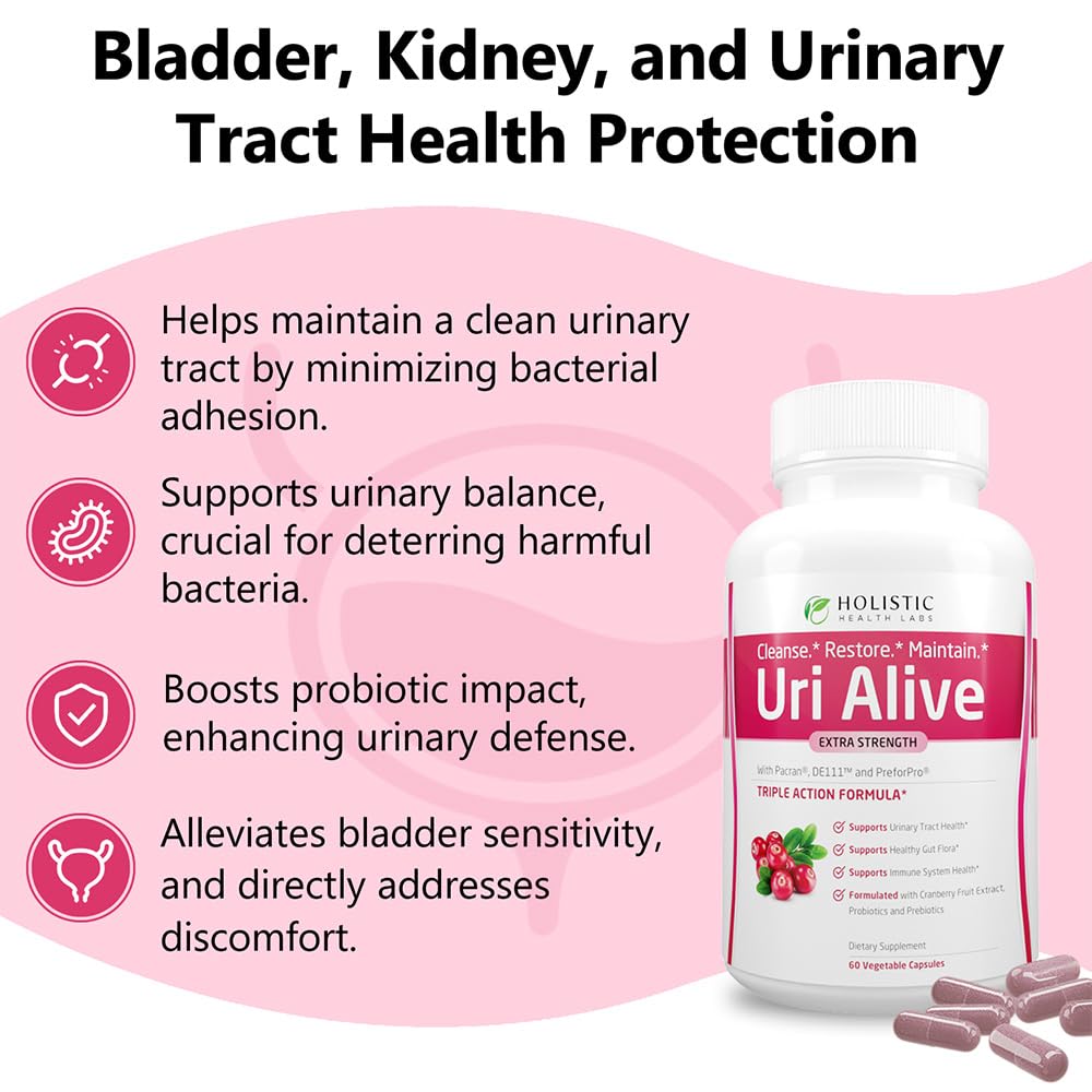 Uri Alive Extra Strength Urinary Support Supplement for Urinary Tract, Bladder, Gut Flora, and Immune System Health (60 Count (Pack of 3))