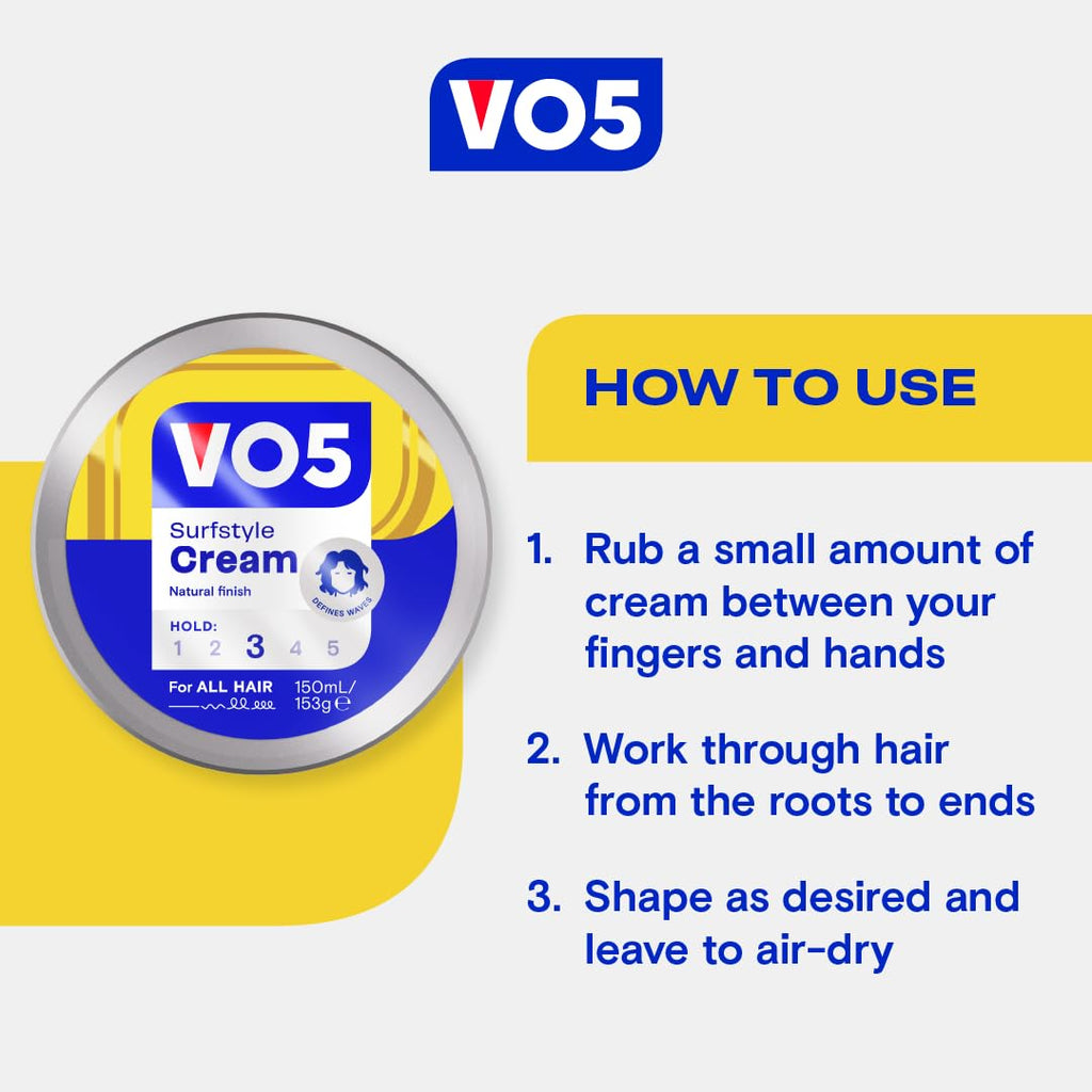 VO5 SurfStyle Cream, Hair Styling Product for Matt, Textured Styles, Touchable Hold, Ideal for Messy & Beach Effects, Defines Waves, 150ml