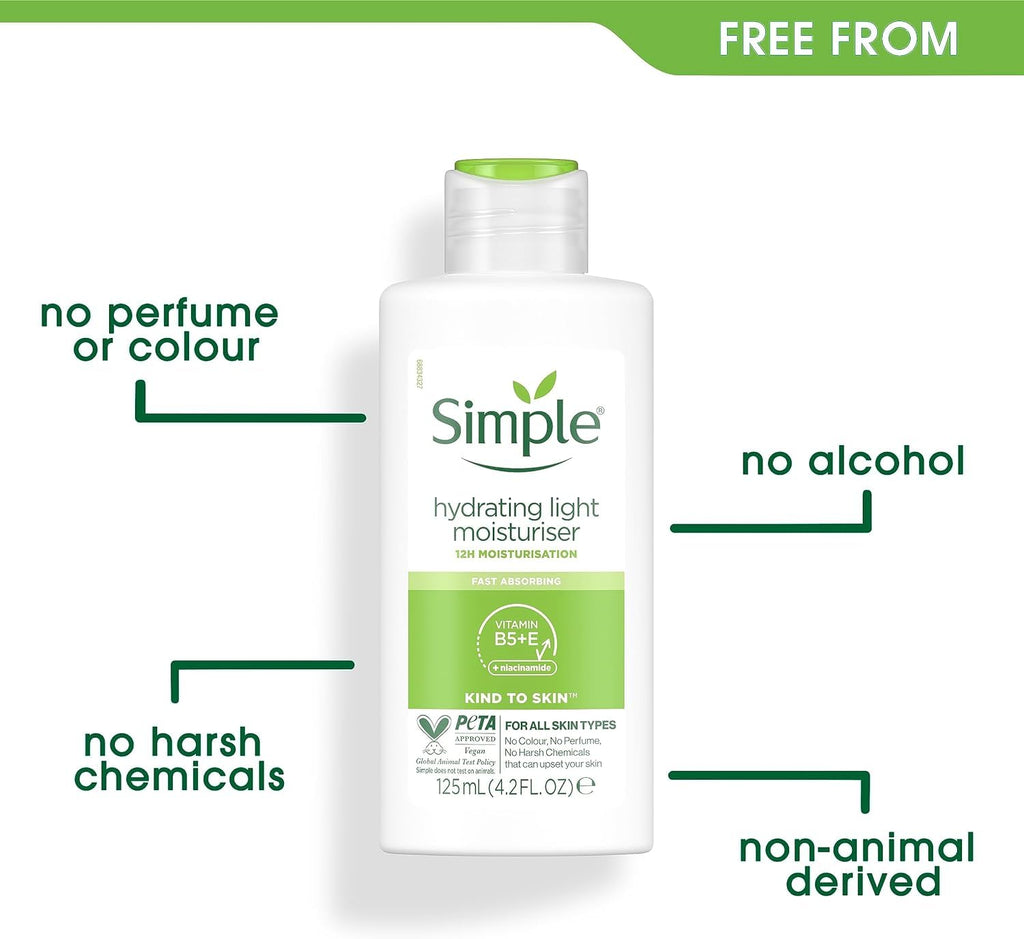 3 x 125mL | Simple Kind To Skin Hydrating Light Moisturiser 125ml | 12 Hrs Moisturisation | For All Skin Types | 3 Pack