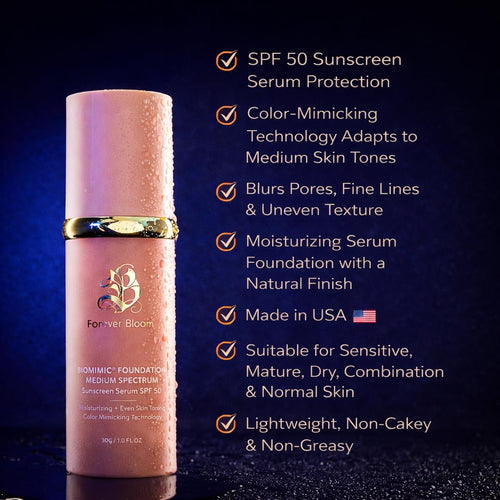Bio Mimic Foundation Medium Spectrum by Forever Bloom; Protecting from Sun with SPF50; Foundation for Gym, Sports, Dancing Makeup for Mature & Sensitive Skin, Natural Finish Made in USA