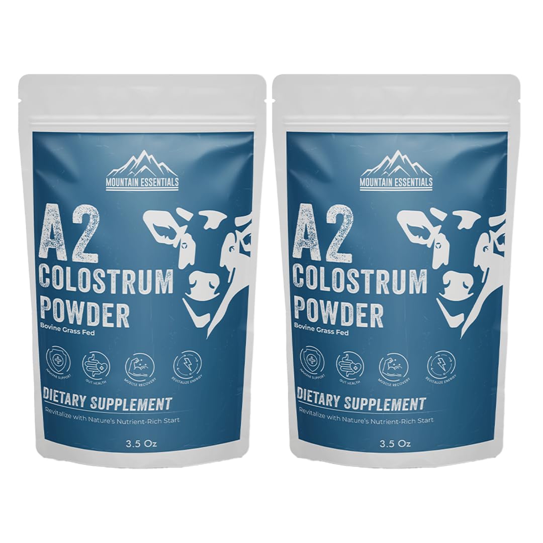 MOUNTAIN ESSENTIALS A2 Colostrum Powder 3.5 Oz Bovine Grass Fed Above 40% IGG Gluten Free, Non GMO 1 Year Shelf Life 50 Servings Pack of 2