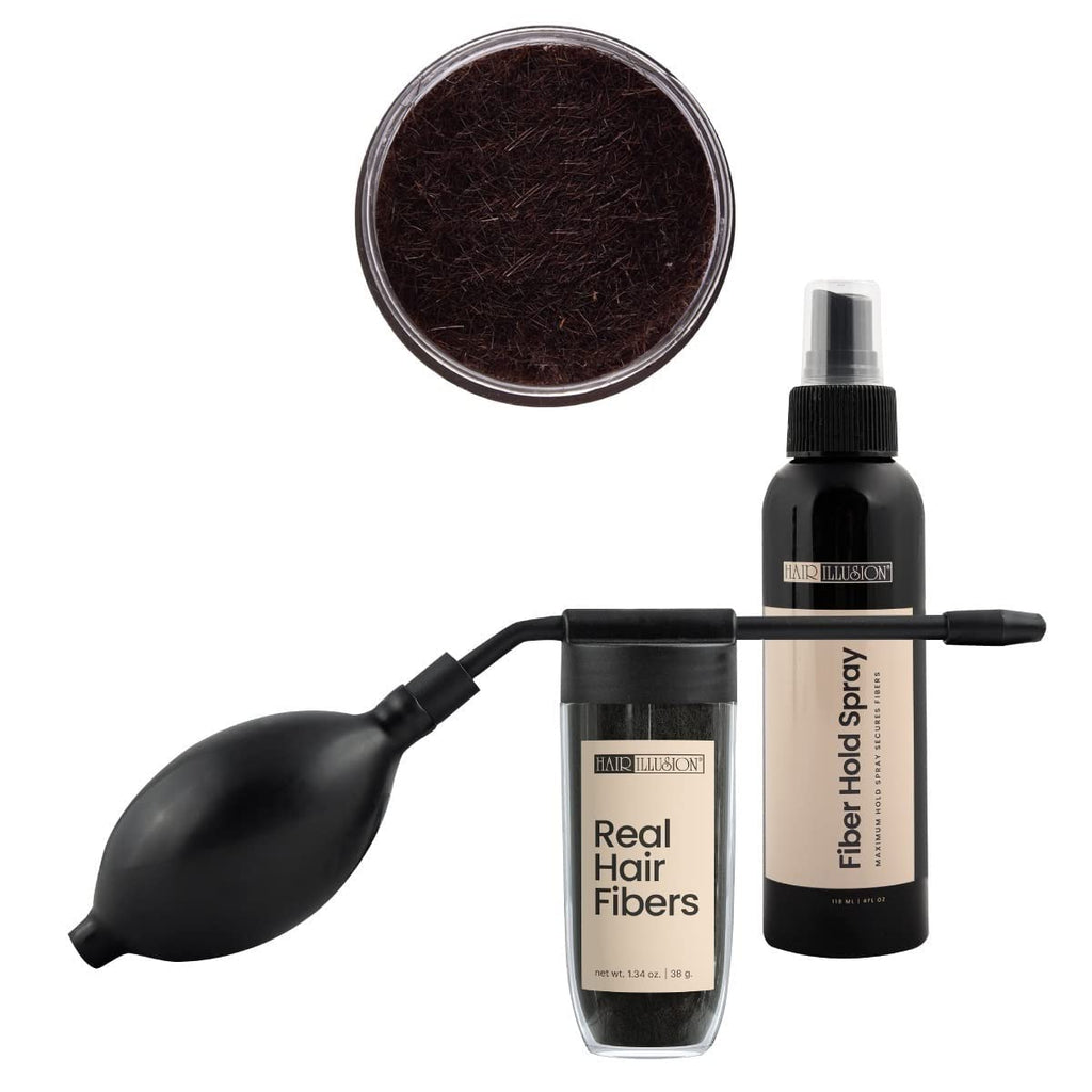 Hair Illusion Combo Kit - Hold Spray, 38g Hair Fiber Bottle, Applicator & Hairline Optimizer (Brown)