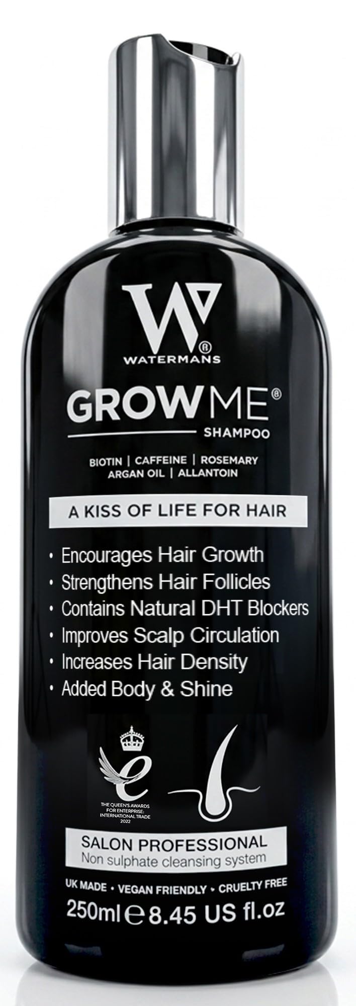 Watermans Grow Me Organic Hair Growth Shampoo for Men & Women – Strengthening & Moisturizing with Biotin, Rosemary, Caffeine & Argan Oil for Fuller, Thicker-Looking Hair (8.45 fl oz)