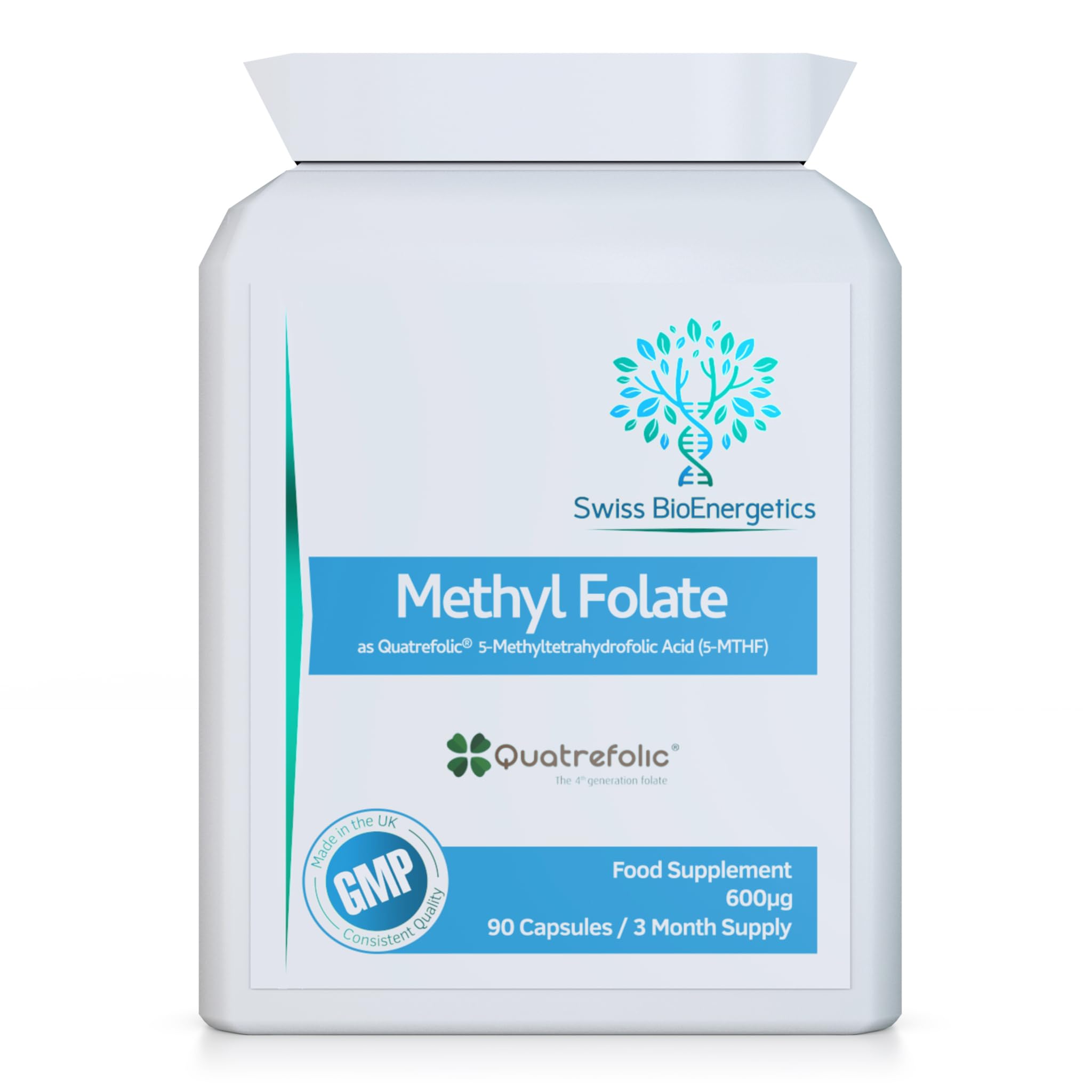 Methyl Folate 600µg - 90 Capsules as Quatrefolic 5-MTHF Supplement 6S-5-methyltetrahydrofolate – the 4th Generation of Folate a Highly biologically Active Form of Folic Acid/Vitamin B9 - UK Made