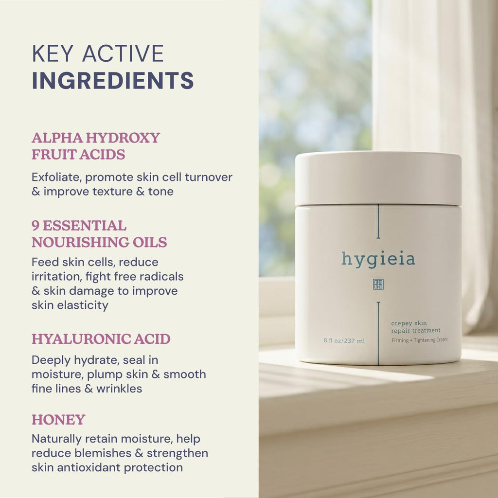 Hygieia + Crepey Skin Full Body Moisturizing & Firming Cream – Tighten & Smooth Crepey Skin - Anti-Aging Moisturizer with Hyaluronic Acid, AHAs & Natural Oils to Rejuvenate, Soften & Hydrate, 8oz