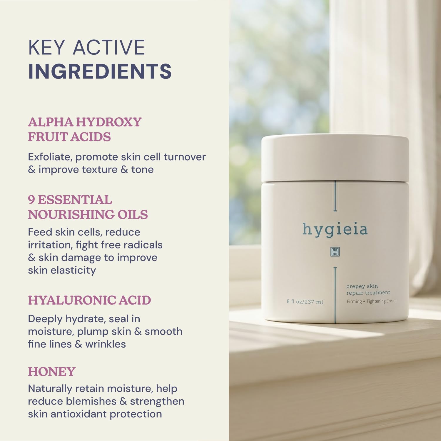 Hygieia + Crepey Skin Full Body Moisturizing & Firming Cream – Tighten & Smooth Crepey Skin - Anti-Aging Moisturizer with Hyaluronic Acid, AHAs & Natural Oils to Rejuvenate, Soften & Hydrate, 8oz