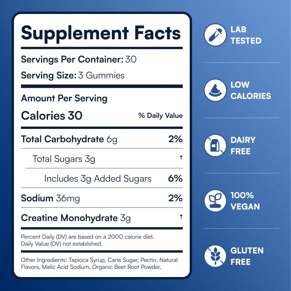 Creatine Monohydrate Gummies - Supports Muscle Growth, Recovery & Brain Function - Convenient & Easy to Take - Great Tasting Watermelon Flavor - 1g per Gummy, Low Sugar - 90 Count