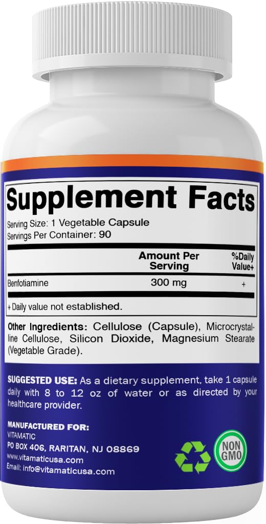 Vitamatic Benfotiamine 300 mg 90 Vegetarian Capsules - Also Called Fat Soluble Vitamin B1 (90 Count (Pack of 1)) (3 Bottles)