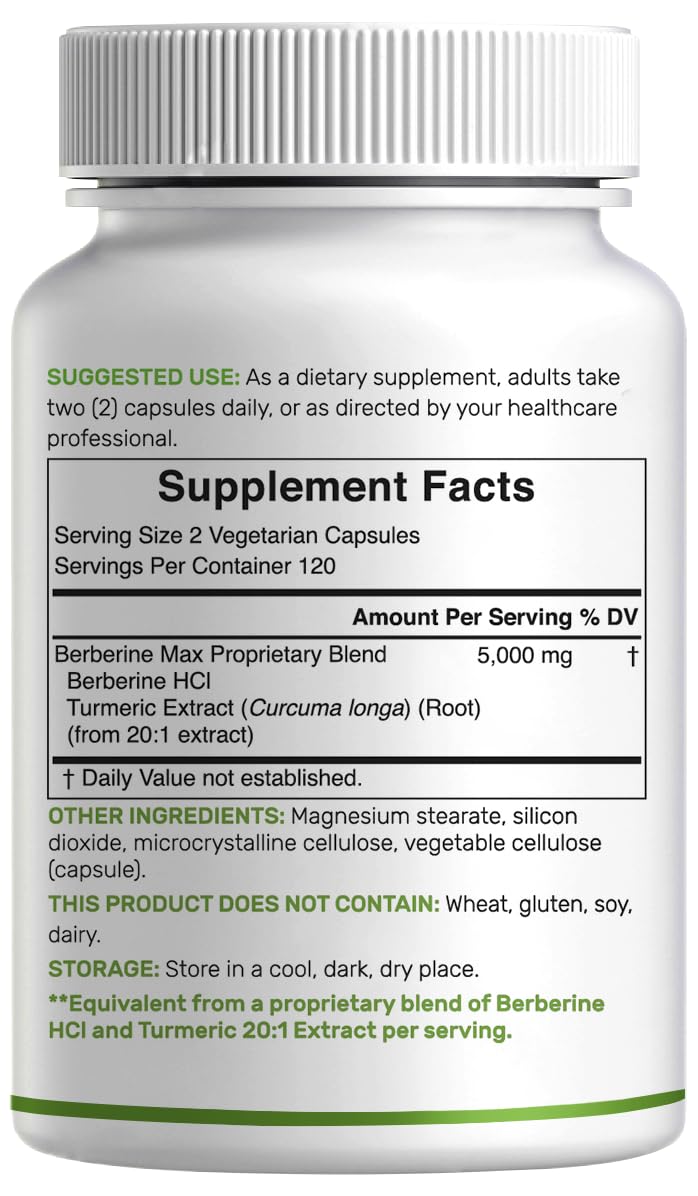 DEAL SUPPLEMENT Berberine Max Supplement with Turmeric, 5000 mg** Per Serving, 240 Vegetarian Capsules | Berberine HCl with Turmeric Root Extract | Non-GMO