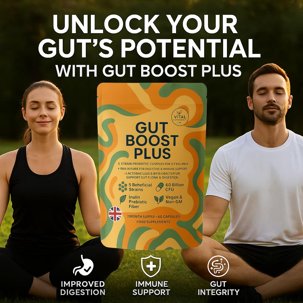 Gut Boost Plus – 5-Strain Probiotic & Inulin Prebiotic | 60 Billion CFU | Digestive Balance, Gut Flora & Immune Support | Slow-Release Vegan Capsules | UK Manufactured Supplement, 60 Capsules
