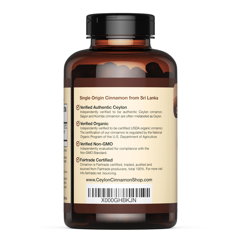 Organic Ceylon Cinnamon Capsules, USDA Certified Supplement - 180 Count