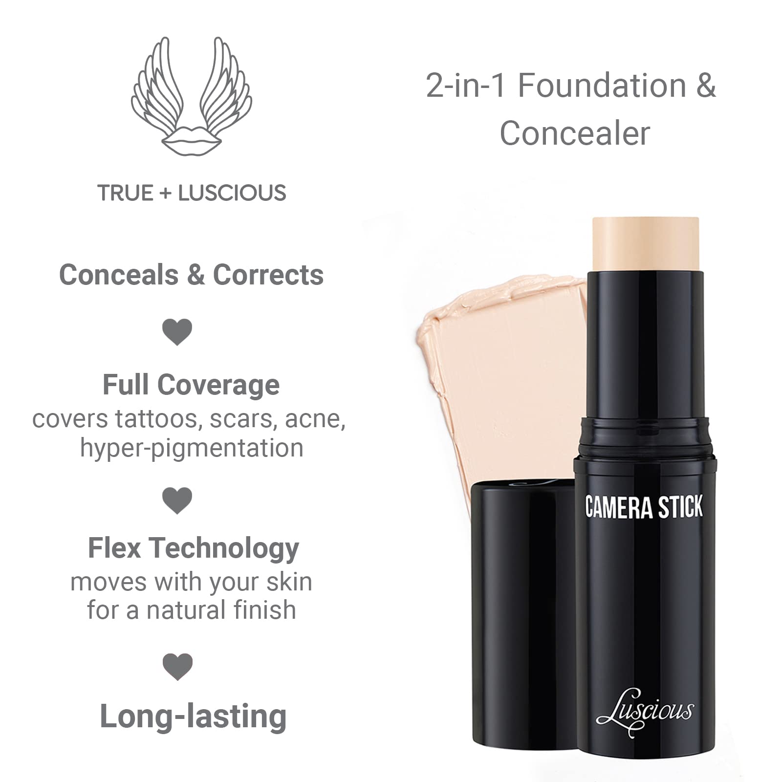 True + Luscious Camera Stick Foundation | Full Coverage Cream for Flawless Airbrushed Skin | Hydrating Non-Comedogenic Formula | Vegan Paraben-Free Cruelty-Free 0.49 oz | Shade 0: Ivory