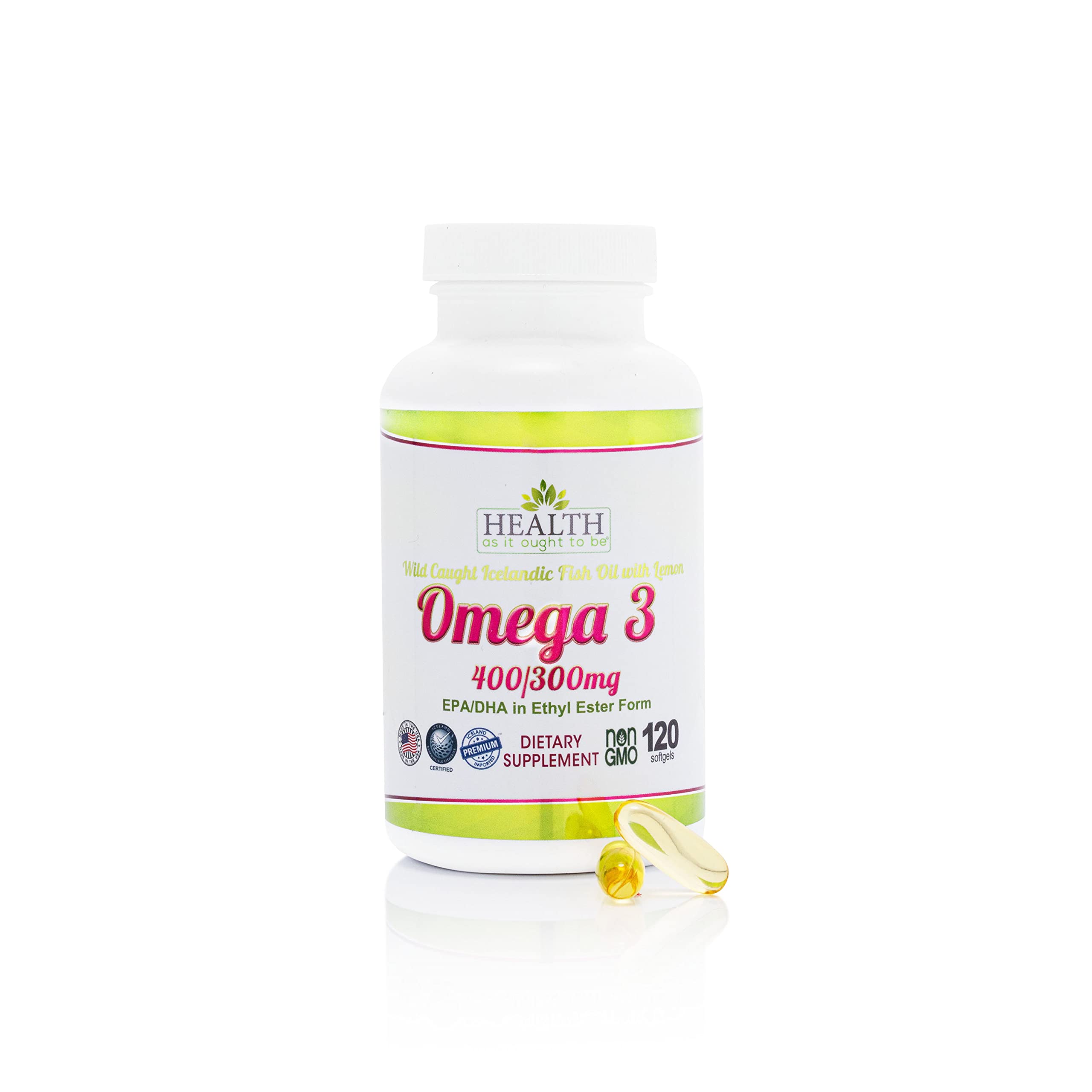 Health As It Ought To Be Omega 3 400/300 mg Supplement | Physician Formulated EPA/DHA in Ethyl Ester Form Wild Caught Icelandic Fish Oil with Lemon | 120 Capsules