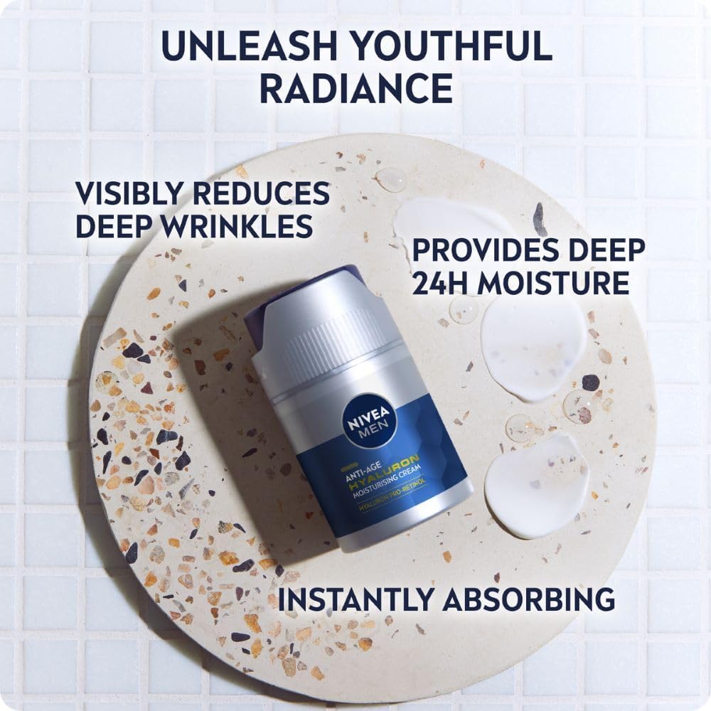 NIVEA MEN Anti-Age Hyaluron SPF15 Moisturising Face Cream (50ml), Anti Wrinkle Face Cream with Hyaluronic Acid and Pro-Retinol, Men's Moisturiser Visibly Reduces Deep Wrinkles and Firms Skin