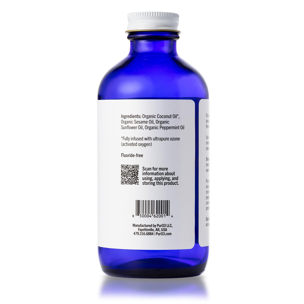 PurO3 Ozonated Oil Pulling Solution - Organic, Ozone Infused Coconut, Sesame, Sunflower, & Peppermint Essential Oils for Teeth & Gums - Fluoride-Free, Non-Toxic & Non-GMO Oral Care, 8 oz