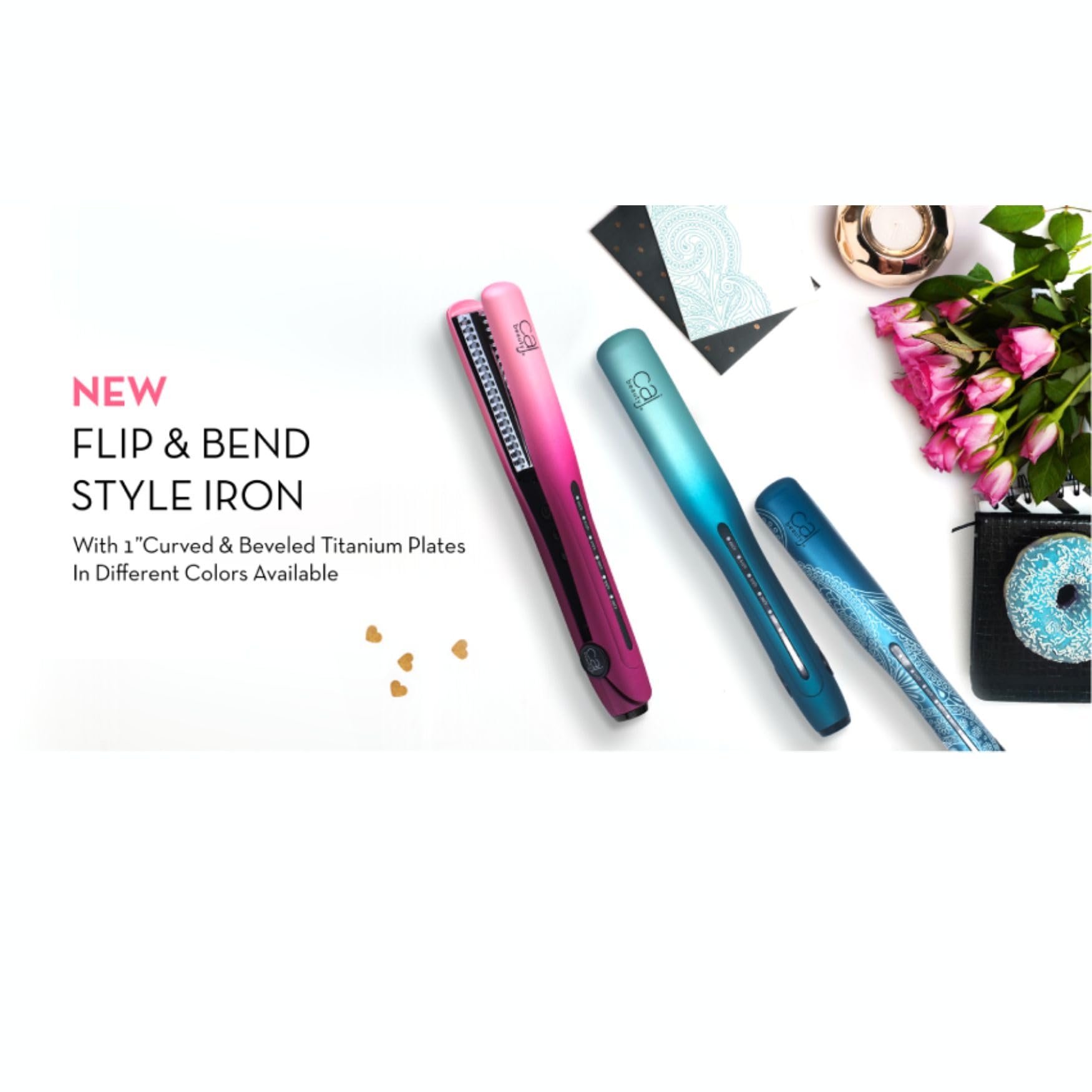 CAJ Beauty Flip & Bend Style Iron in Sapphire Paisley, Thermatru Technology, 1" Titanium Floating Teeth Comb, Automatic Shut-Off, Color-Coded LED Lights for Easy Temperature Indication