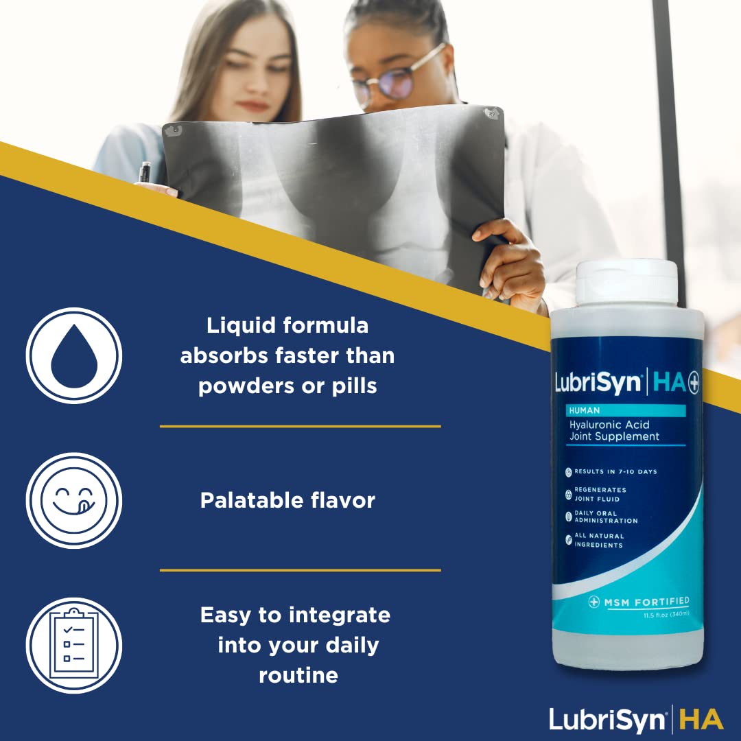 LubriSyn HA Plus Human Liquid Hyaluronic Acid Plus MSM Joint Supplement, Oral HA for People, Supports Healthy Knees, Hips & Joint Function for Men & Women, 30-Day Supply, 11.5 oz, 3 Pack