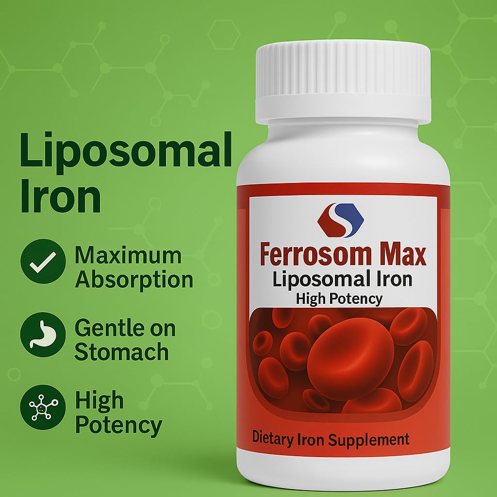 Ferrosom Max Liposomal Iron Supplement 60 Capsules (45mg Pure Elemental Iron) by Siba Pharm | Maximum Absorption Formula | Non GMO, Vegan, Premium Quality | Helps New Blood Cell Production.