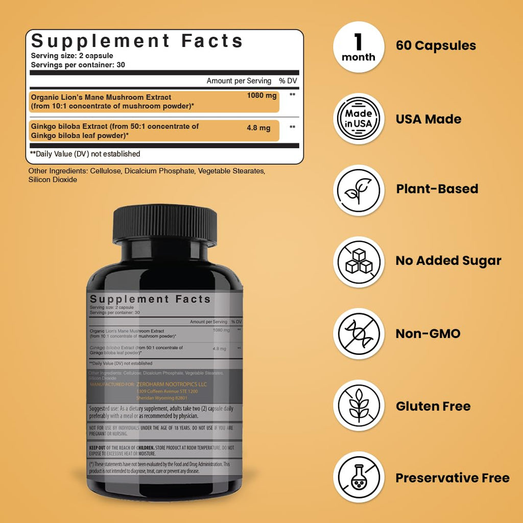 NooMost Lions Mane Mushroom Supplement Capsules 1080mg With Ginkgo Biloba - Energy, Focus, Clarity & Memory Support - Real Superfood for Brain Health for Men & Women - Made in USA - 60 Veg Caps