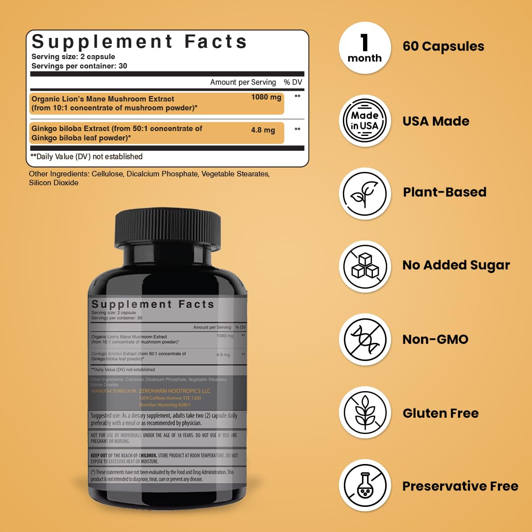 NooMost Lions Mane Mushroom Supplement Capsules 1080mg With Ginkgo Biloba - Energy, Focus, Clarity & Memory Support - Real Superfood for Brain Health for Men & Women - Made in USA - 60 Veg Caps