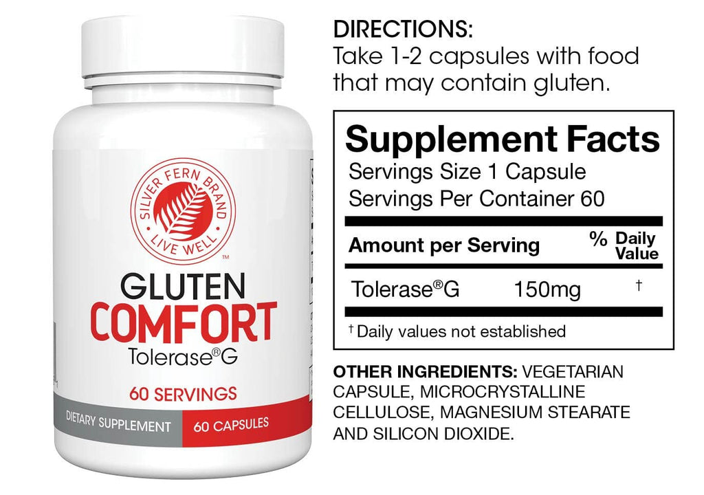 Silver Fern Gluten Comfort with Tolerase G - 1 Bottle - 60 Capsules - Digestive Enzyme Made Specifically to Break Down and Digest Gluten Protein