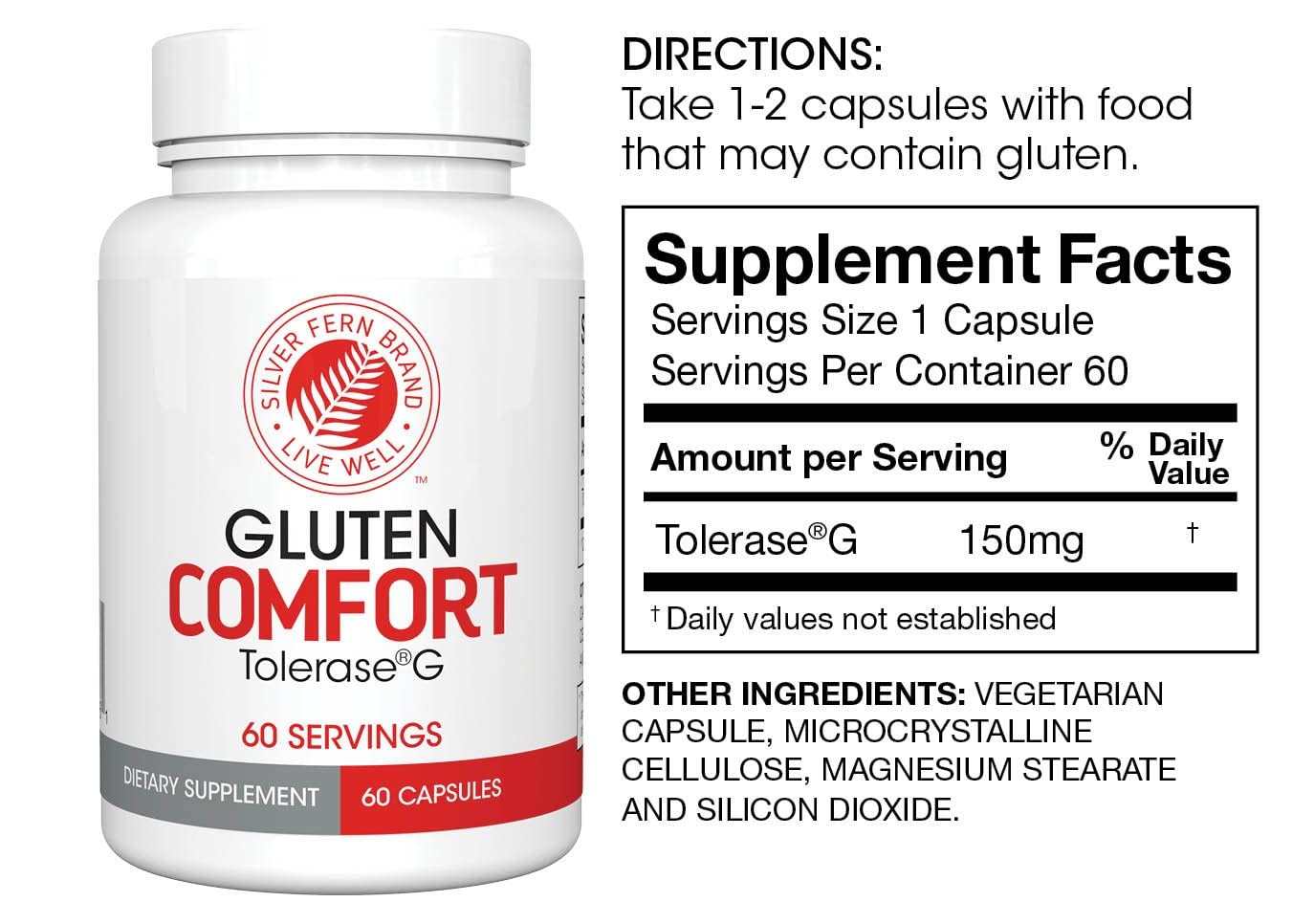 Silver Fern Gluten Comfort with Tolerase G - 1 Bottle - 60 Capsules - Digestive Enzyme Made Specifically to Break Down and Digest Gluten Protein